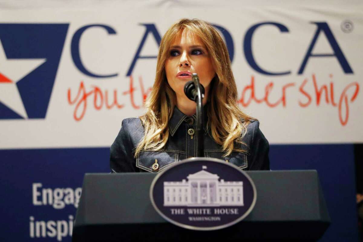 First lady Melania Trump speaks at the Community Anti-Drug Coalitions of America (CADCA) National Leadership Forum, in National Harbor, Md., Thursday, Feb. 7, 2019.