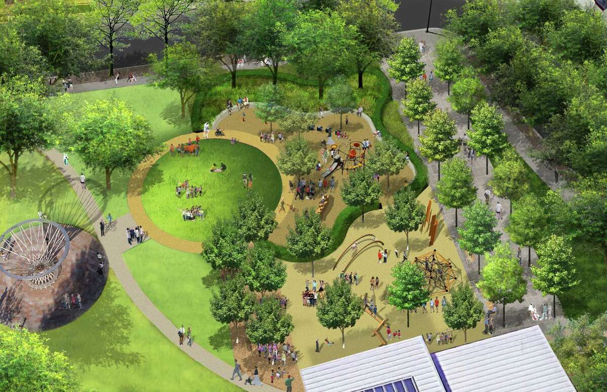 The designers' aerial rendering of the northwest corner of Discovery Green, where a new playground is being built this year.