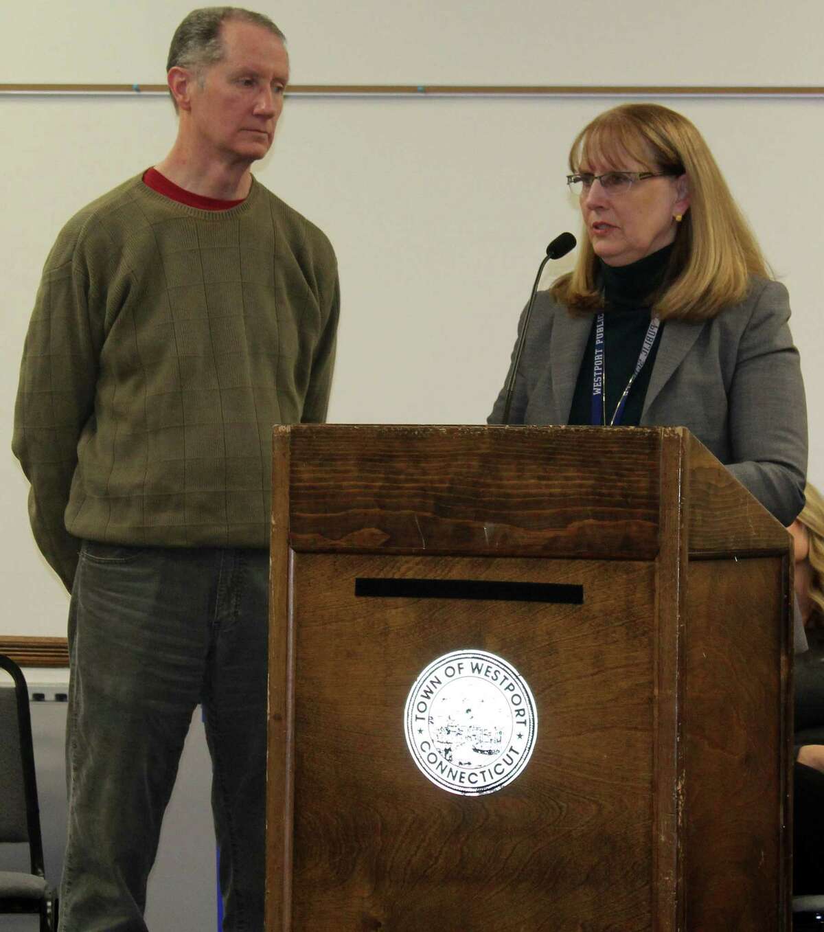 Westport Public Schools Superintendent Colleen Palmer asked the Board of Finance to appropriate four million dollars for the purchase or rental of portable classrooms for the elementary schools at the board's Feb. 5 meeting in Westport Town Hall with education board Chair Mark Mathias by her side.