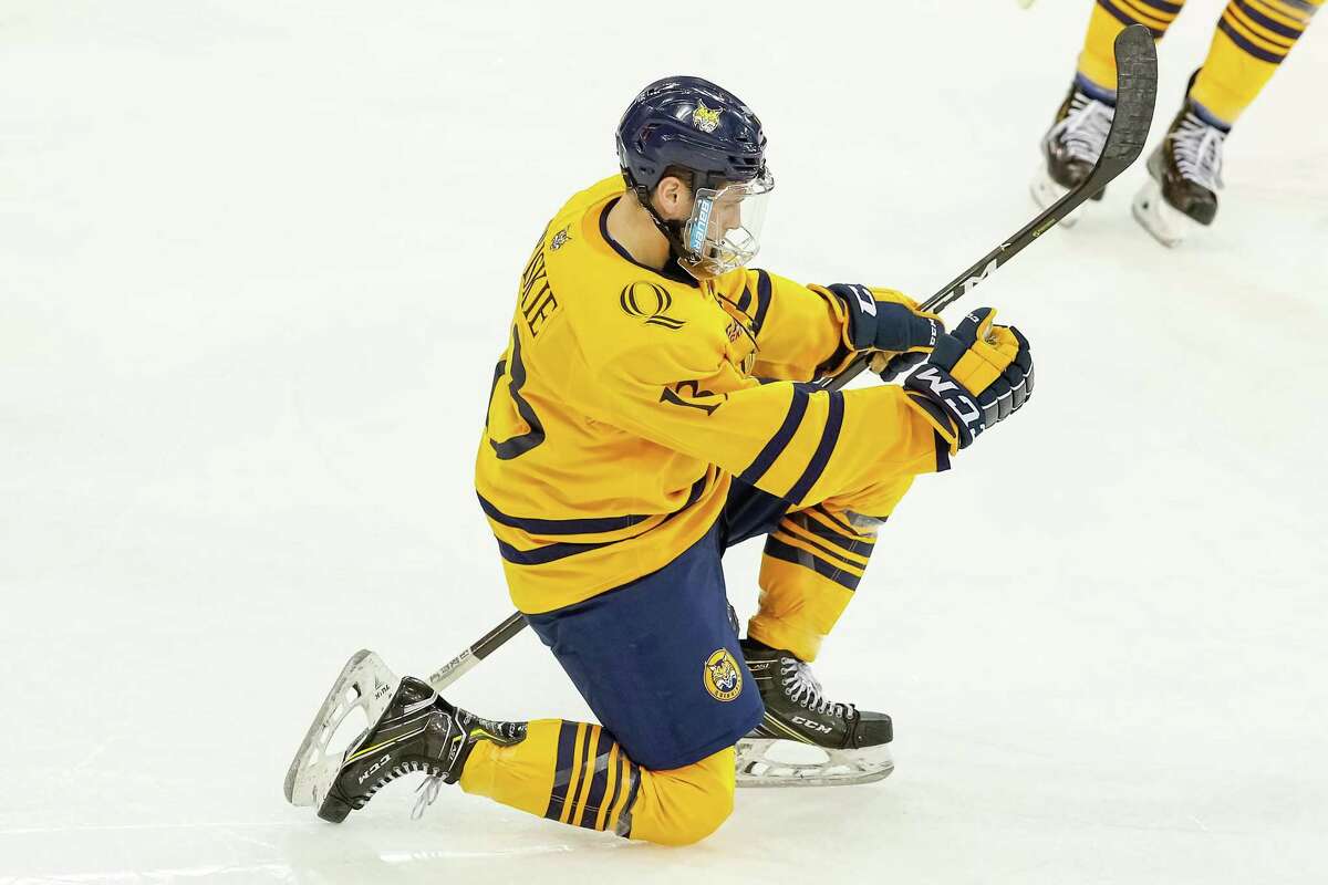 Quinnipiac’s Chase Priskie celebrates a goal against Princeton during a game in December.