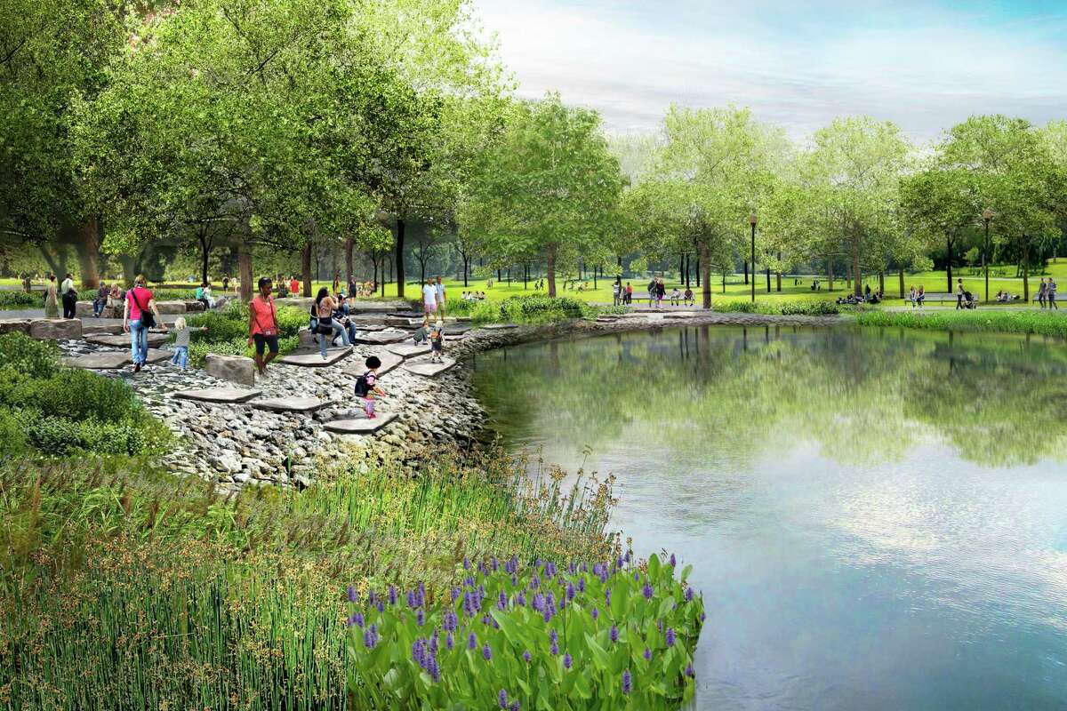 A rendering of the "Stone Beach" planned for the area where Hermann Park Commons will meet McGovern Lake.