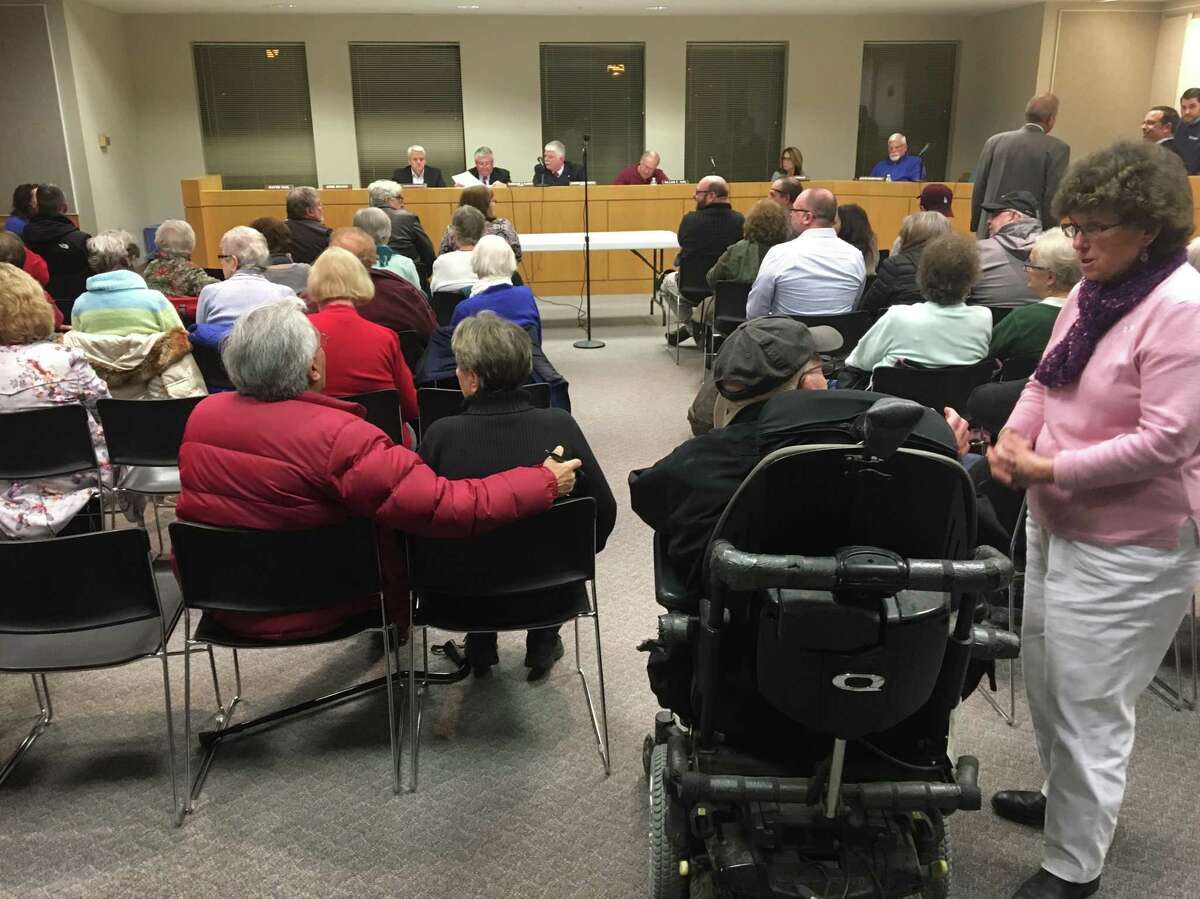 Residents from King Thiel Senior Community packed a Colonie Zoning Board of Appeals meeting to protest proposed construction of a cell tower next to their homes on Thursday, Feb. 7, 2019.