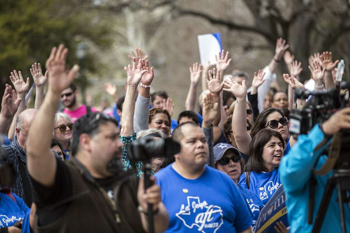 Teachers, school employees and community leaders gathered on the South Steps of the Capitol in Austin, Texas, Monday, March 16, 2015, to address issues such as Community Schools, fully funding public education, affordable health care, and ending the misuse of testing. (AP Photo/Austin American-Statesman, Ricardo B. Brazziell)