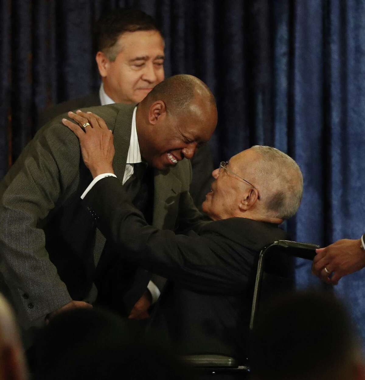 Mayor Sylvester Turner greets honoree the Rev. William Lawson during the Mayor's second annual History Makers Awards at the Houstonian Hotel, Friday, Feb. 8, 2019, in Houston.
