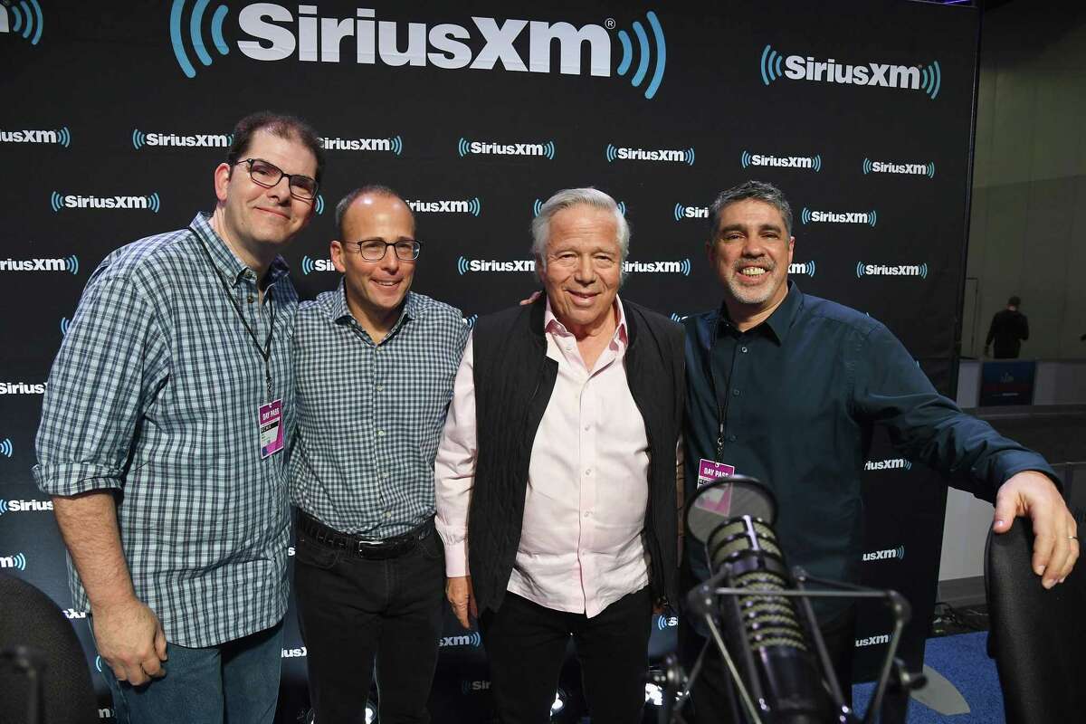 At right, Riverside resident and “Howard Stern Show” producer Gary Dell’Abate spent time before the Super Bowl interviewing, from left, New England Patriots President Jon Hein, CEO Jonathan Kraft and owner Robert Kraft on Feb. 1 in Atlanta.