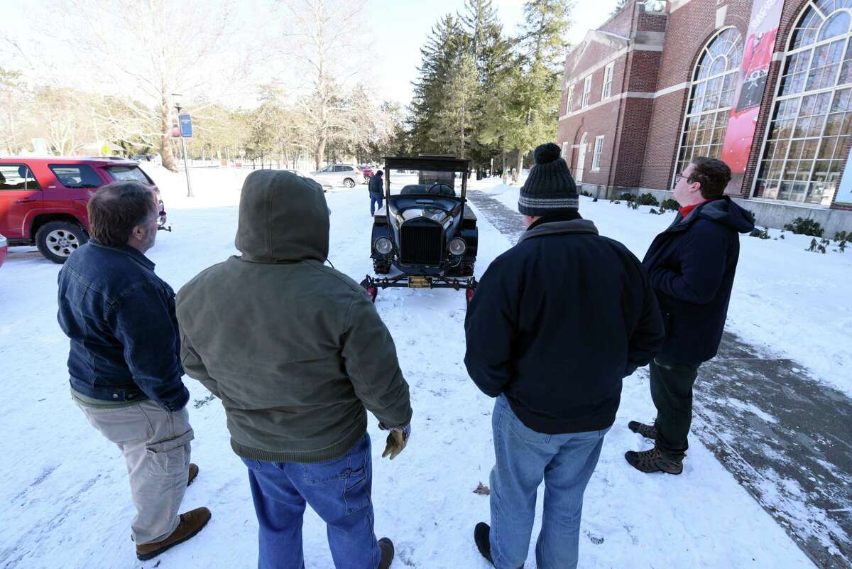 People learn about Model T snowmobiles Saturday, Feb. 9, 2019 at the Saratoga Automobile Museum in Saratoga Springs, NY. (Phoebe Sheehan/Times Union) ORG XMIT: 40046140A
