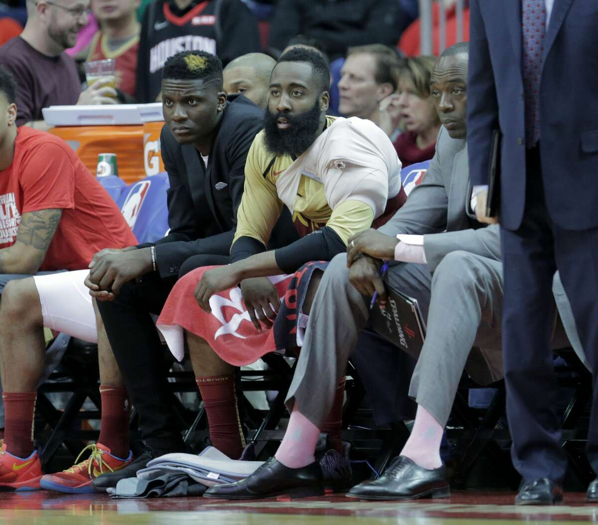 Houston Rockets guard James Harden (13) and center Clint Capela (15) watch as the Oklahoma City Thunder make a comeback in the third quarter at the Toyota Center on Saturday, Feb. 9, 2019 in Houston. Houston Rockets lost the game 117-112.