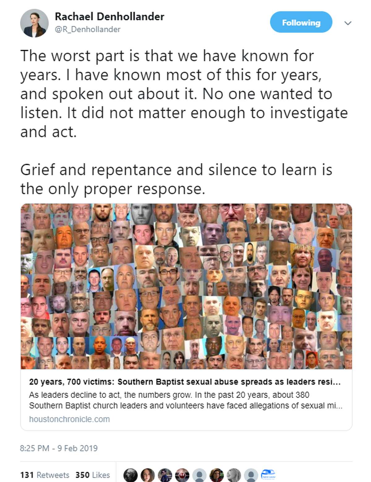 "I have known most of this for years, and spoken out about it. No one wanted to listen. It did not matter enough to investigate and act. Grief and repentance and silence to learn is the only proper response." - @R_Denhollander