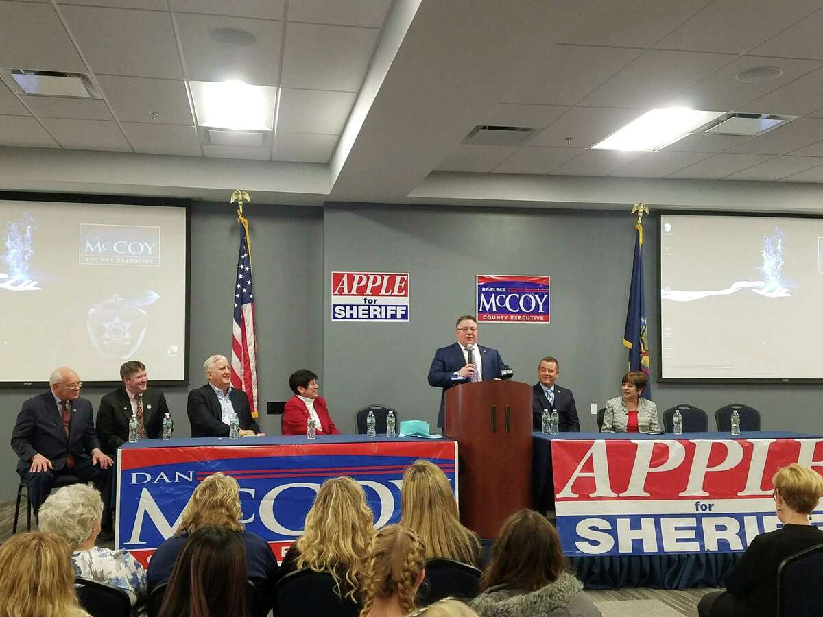 Albany County Executive Daniel P. McCoy, at podium, announced he will seek his third term in office Sunday, Feb. 10, 2019, at Carpenters Local #291 in Albany, N.Y. Albany County Sheriff, second from right, also announced he will seek a third term in office.