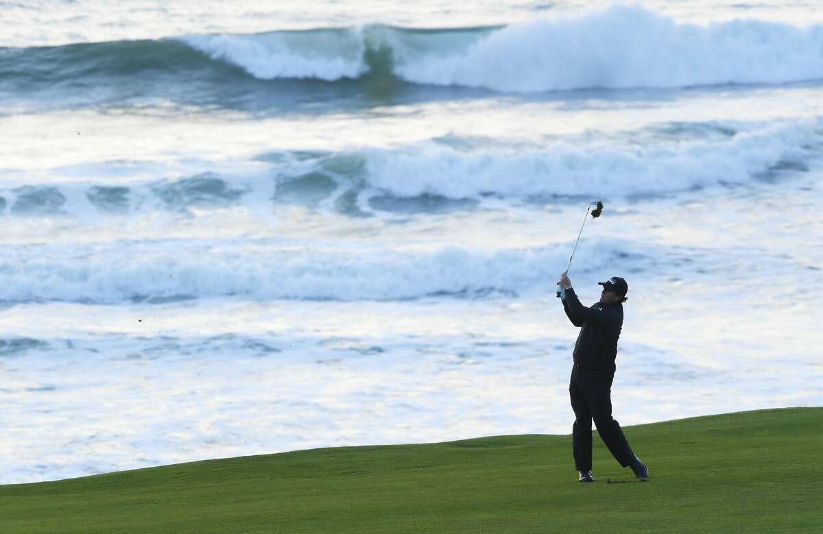 PEBBLE BEACH, CALIFORNIA - FEBRUARY 10: Phil Mickelson of the United States plays a shot on the tenth hole during the final round of the AT&T Pebble Beach Pro-Am at Pebble Beach Golf Links on February 10, 2019 in Pebble Beach, California. (Photo by Harry How/Getty Images)