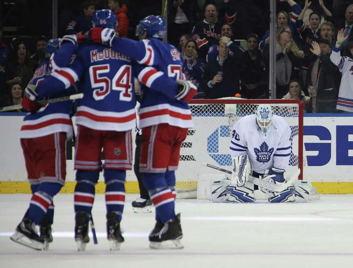 NEW YORK, NEW YORK - FEBRUARY 10: Garret Sparks #40 of the Toronto Maple Leafs reacts as Adam McQuaid #54 of the New York Rangers scores at 1:59 of the third period at Madison Square Garden on February 10, 2019 in New York City. The Rangers defeated the Maple Leafs 4-1. (Photo by Bruce Bennett/Getty Images)
