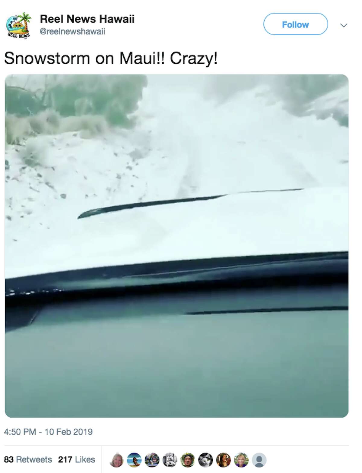 Reel News Hawaii posted a video of a motorist driving in snow on Haleakala at 10,000 feet on Maui.