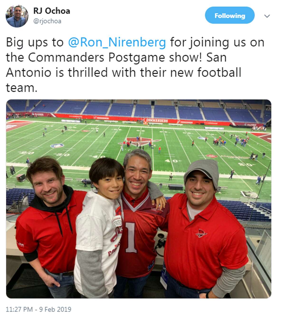 @rjochoa: Big ups to @Ron_Nirenberg for joining us on the Commanders Postgame show! San Antonio is thrilled with their new football team.