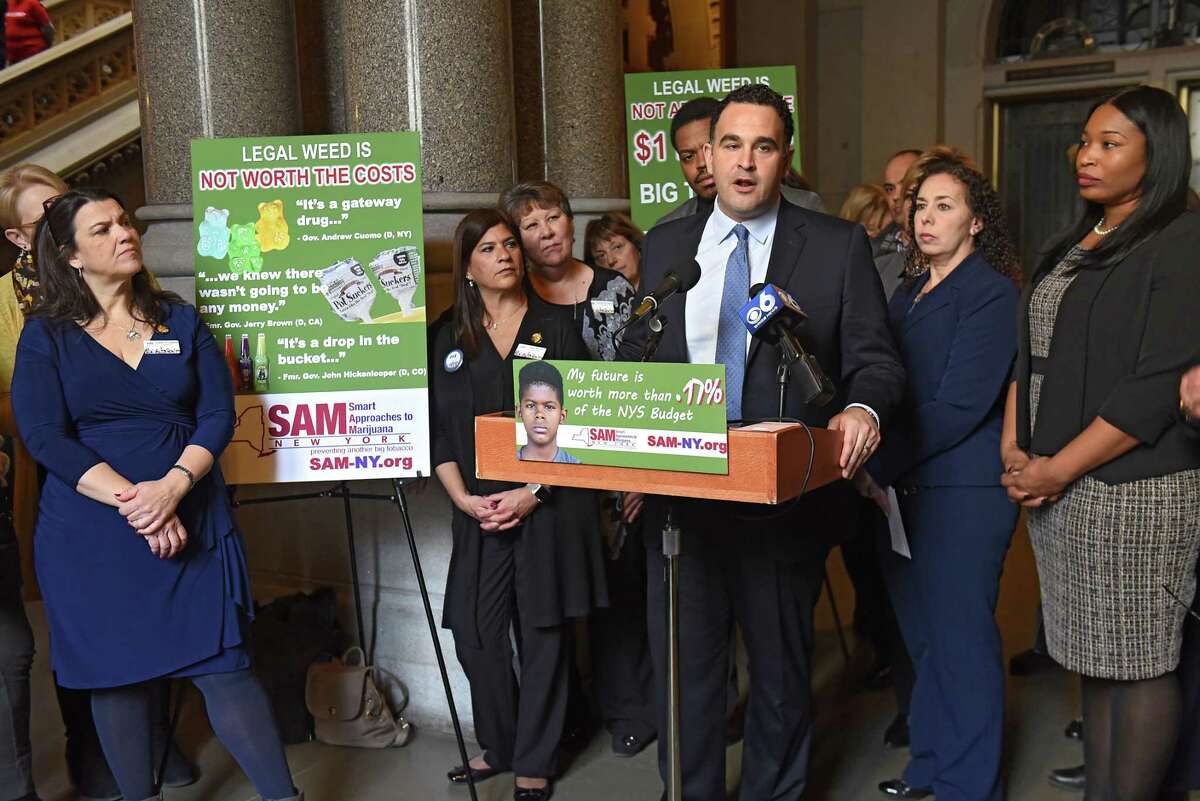 Smart Approaches to Marijuana New York (SAM NY) President Dr. Kevin Sabet, a former drug policy advisor to President Obama, speaks during a press conference at the New York State Capitol on Monday Feb. 11, 2019 in Albany, N.Y. He was joined by victims of drug abuse, education advocates, law enforcement and healthcare experts to urge lawmakers to reject rushing to commercialize marijuana in New York State. (Lori Van Buren/Times Union)