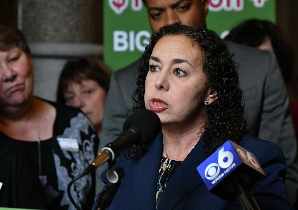 Stephanie Marquesano, whose 19-yr-old son Harris died from an accidental overdose in 2013, speaks during a press conference at the New York State Capitol on Monday Feb. 11, 2019 in Albany, N.Y. She was joined by Smart Approaches to Marijuana New York (SAM NY) President Dr. Kevin Sabet, victims of drug abuse, education advocates, law enforcement and healthcare experts to urge lawmakers to reject rushing to commercialize marijuana in New York State. (Lori Van Buren/Times Union)