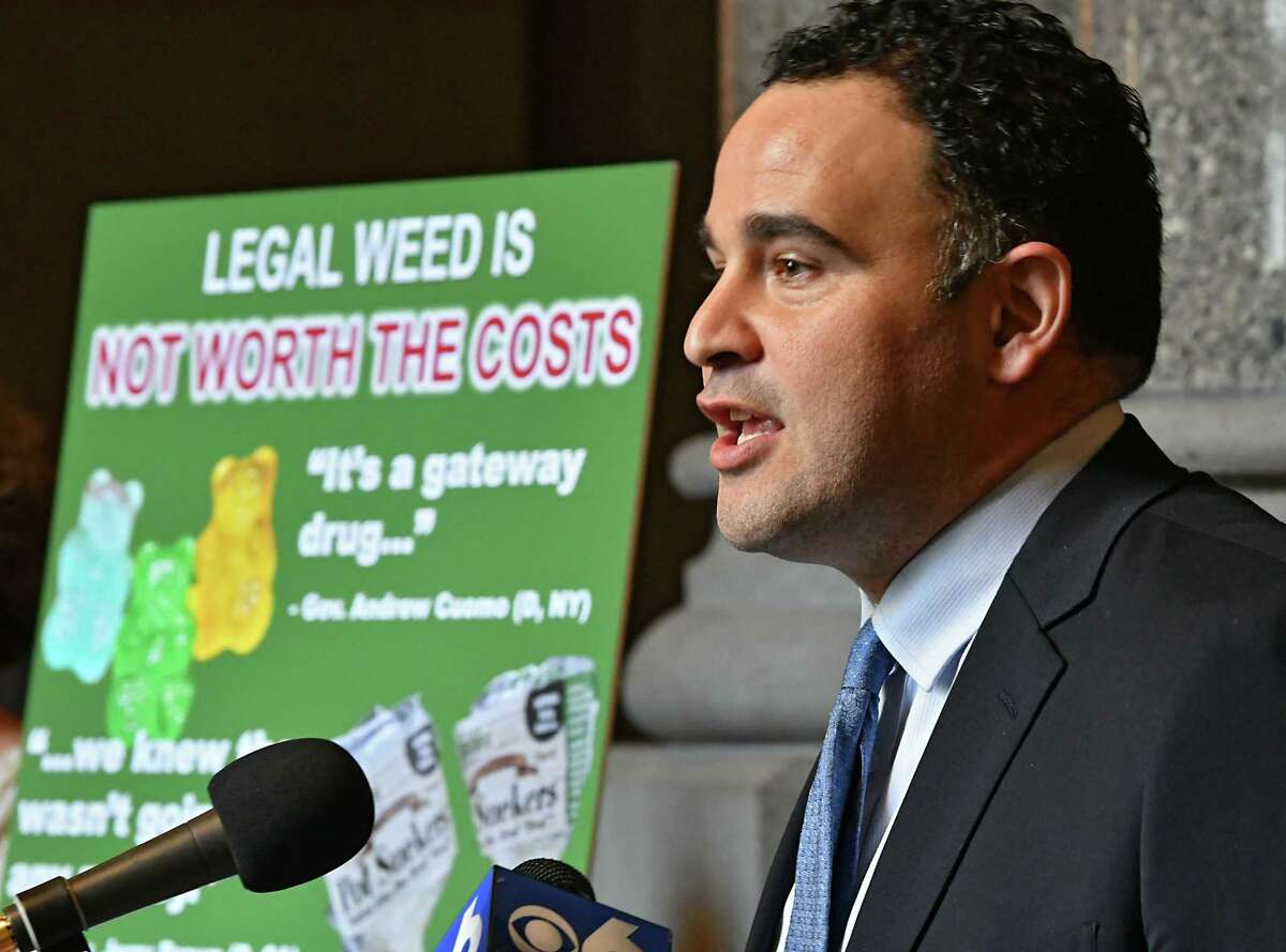 Smart Approaches to Marijuana New York (SAM NY) President Dr. Kevin Sabet, a former drug policy advisor to President Obama, speaks during a press conference at the New York State Capitol on Monday Feb. 11, 2019 in Albany, N.Y. He was joined by victims of drug abuse, education advocates, law enforcement and healthcare experts to urge lawmakers to reject rushing to commercialize marijuana in New York State. (Lori Van Buren/Times Union)
