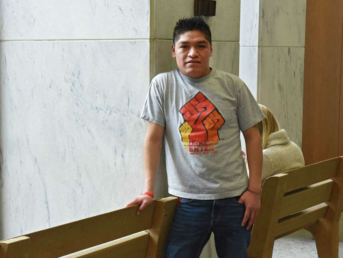 Farmworker Crispin Hernandez stands in the lobby of the Robert Abrams Building after the Albany Supreme Court heard his oral arguments in a case against the state and the Farm Bureau on Monday Feb. 11, 2019 in Albany, N.Y. Hernandez is suing the state and the Farm Bureau for the exclusion of farmworkers from the right to organize and collectively bargain without fear of retaliation like other workers. (Lori Van Buren/Times Union)