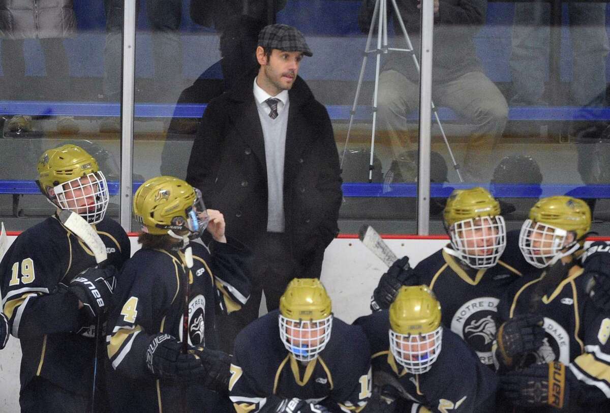 Notre Dame of Fairfield Head Coach: John Longo during boys ice hockey action against Notre Dame of West Haven in West Haven, Conn., on Saturday Dec. 15 2018.