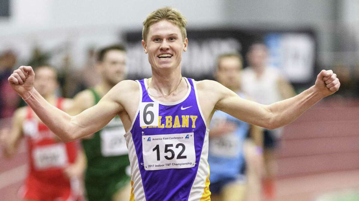 Columbia High graduate Kyle Gronostaj of the UAlbany men's indoor track team after breaking the school record in the 5,000 at the Valentine Invitational at Boston University. (Courtesy of America East Conference)