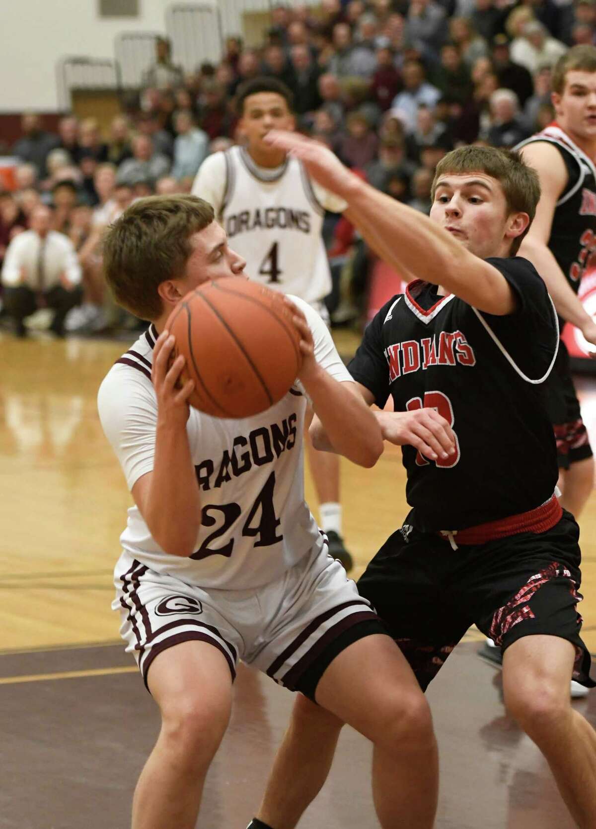 Glens Falls's Trent Girard guards Gloversville's Anderson Jones during a game on Monday, Feb. 11, 2019, at the high school in Gloversville, N.Y. (Jenn March, Special to the Times Union)