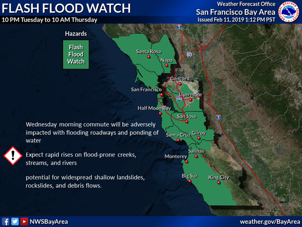 A flash flood watch is in effect for the Bay Area 10 p.m. Tuesday through 10 a.m. Wednesday as an atmospheric river is forecast to drench the region.