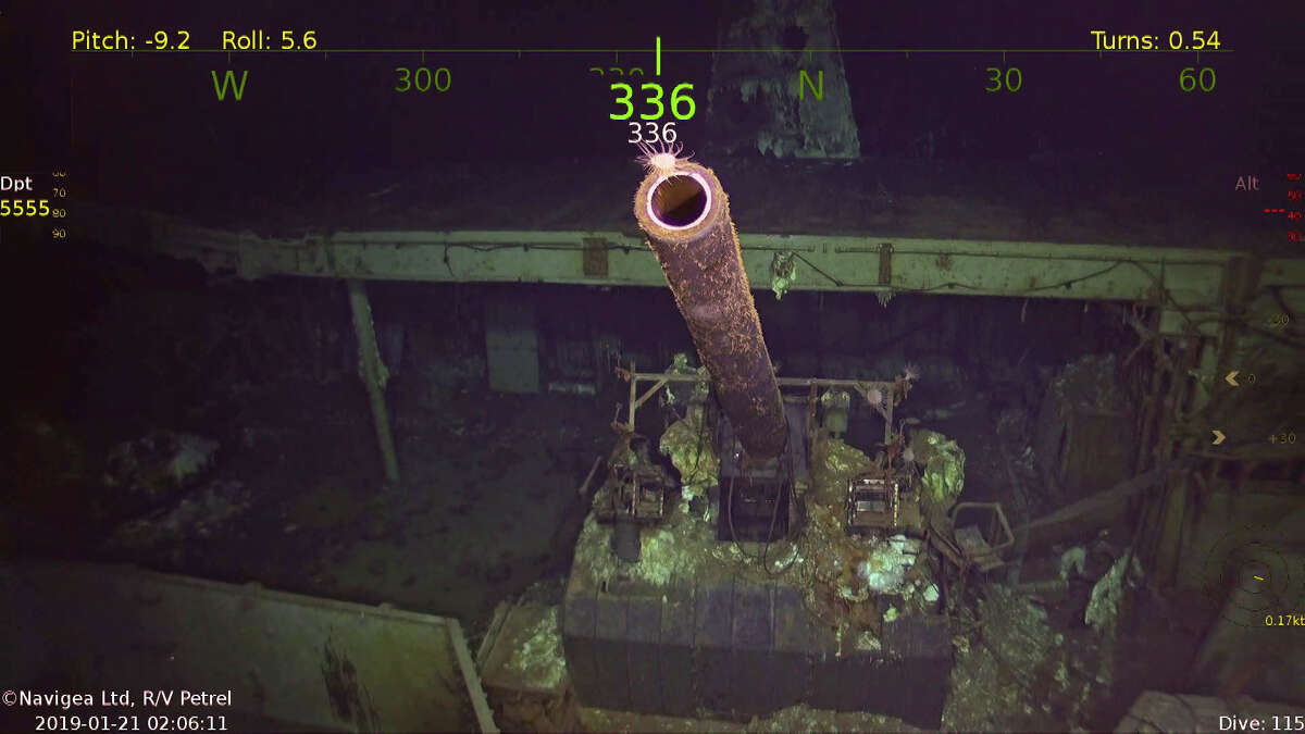 A five-inch gun on the USS Hornet, which was recently discovered near the Santa Cruz Islands.