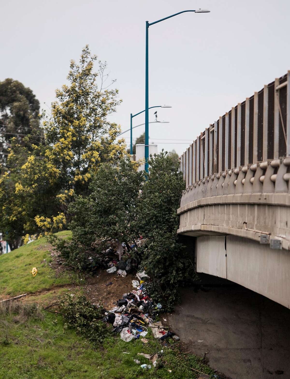 A pile of illegally dumped trash gathers around the overpass at Zhone Way along Highway 880 in Oakland, Calif. Tuesday, Feb. 12, 2019.