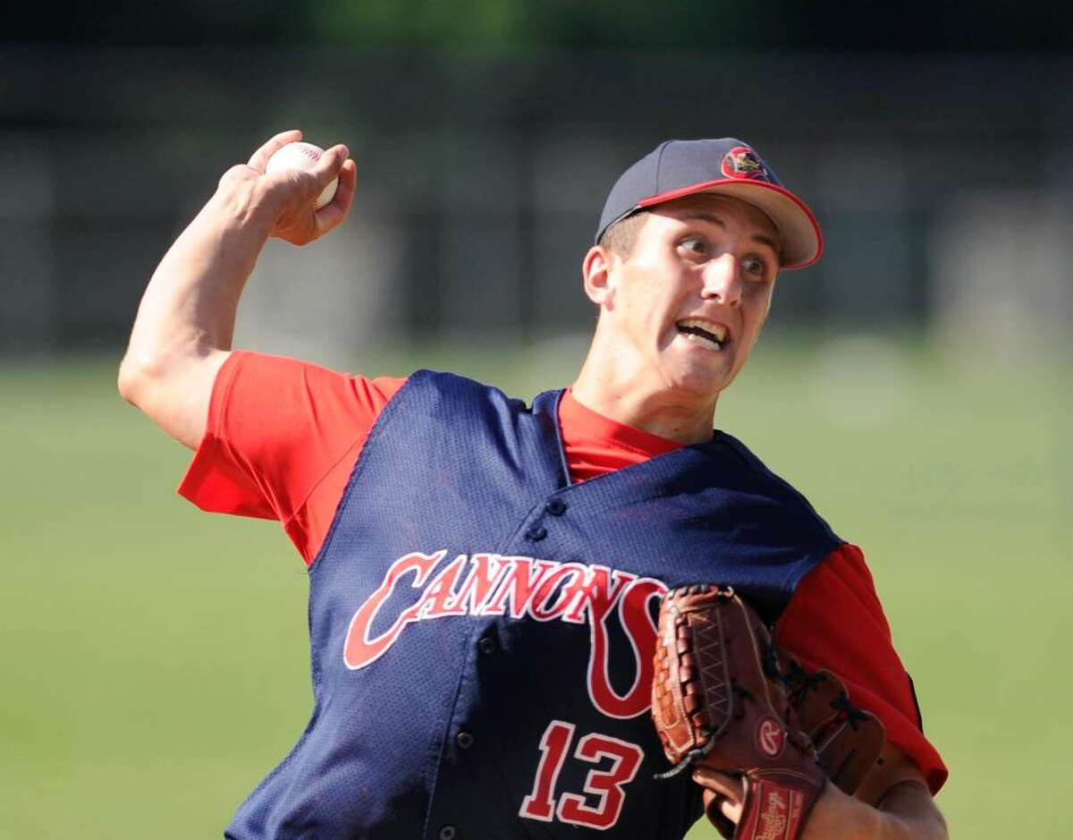 Cannons pitcher Ryan Carr throws during American Legion playoff game against Rockville, at Greenwich High School, Thursday afternoon, July 22, 2010.