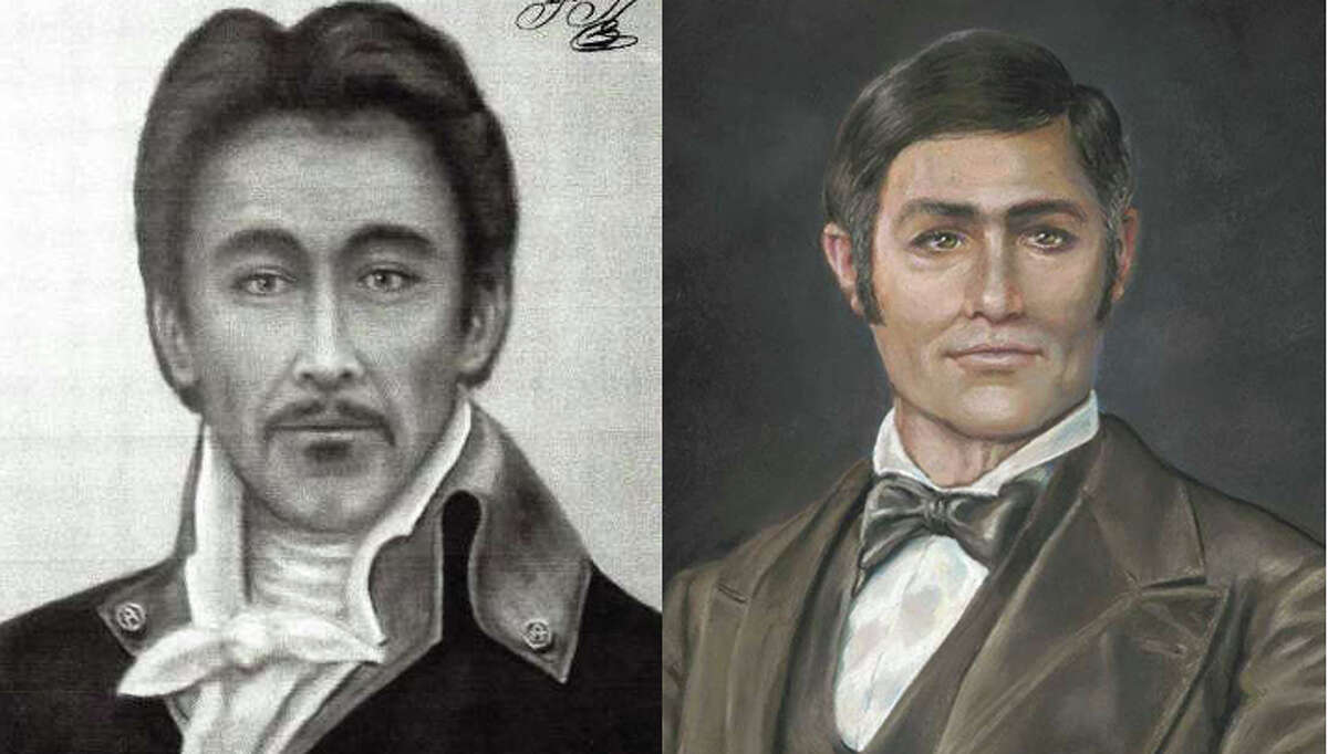 These images of Jose Miguel de Arciniega are involved in a lawsuit over which is more historically accurate. There are no existing photographs or paintings of Arciniega. The image on the left hangs in the state Capitol and was commissioned first; the image on the right was created later by a forensic artist.