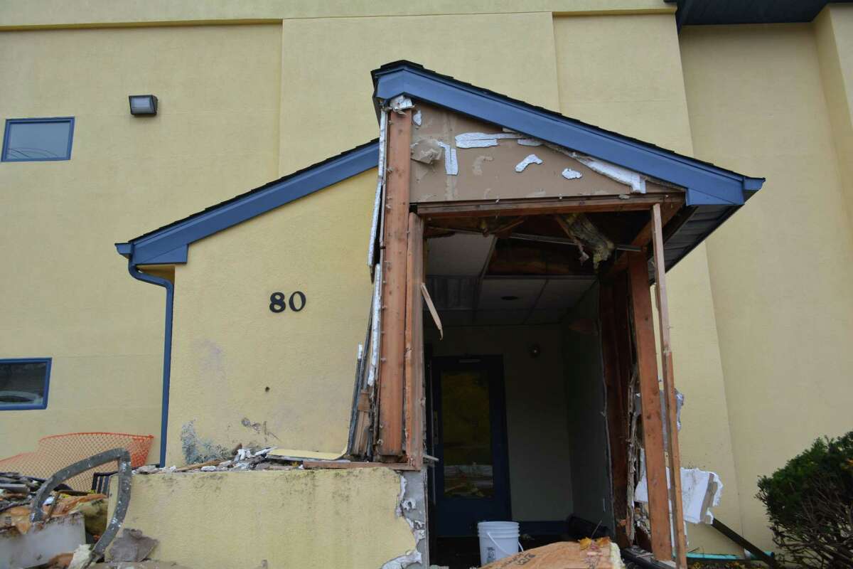 The front door vestibule of the Winsted Senior Center was demolished in November when two cars collided and crashed into the building.