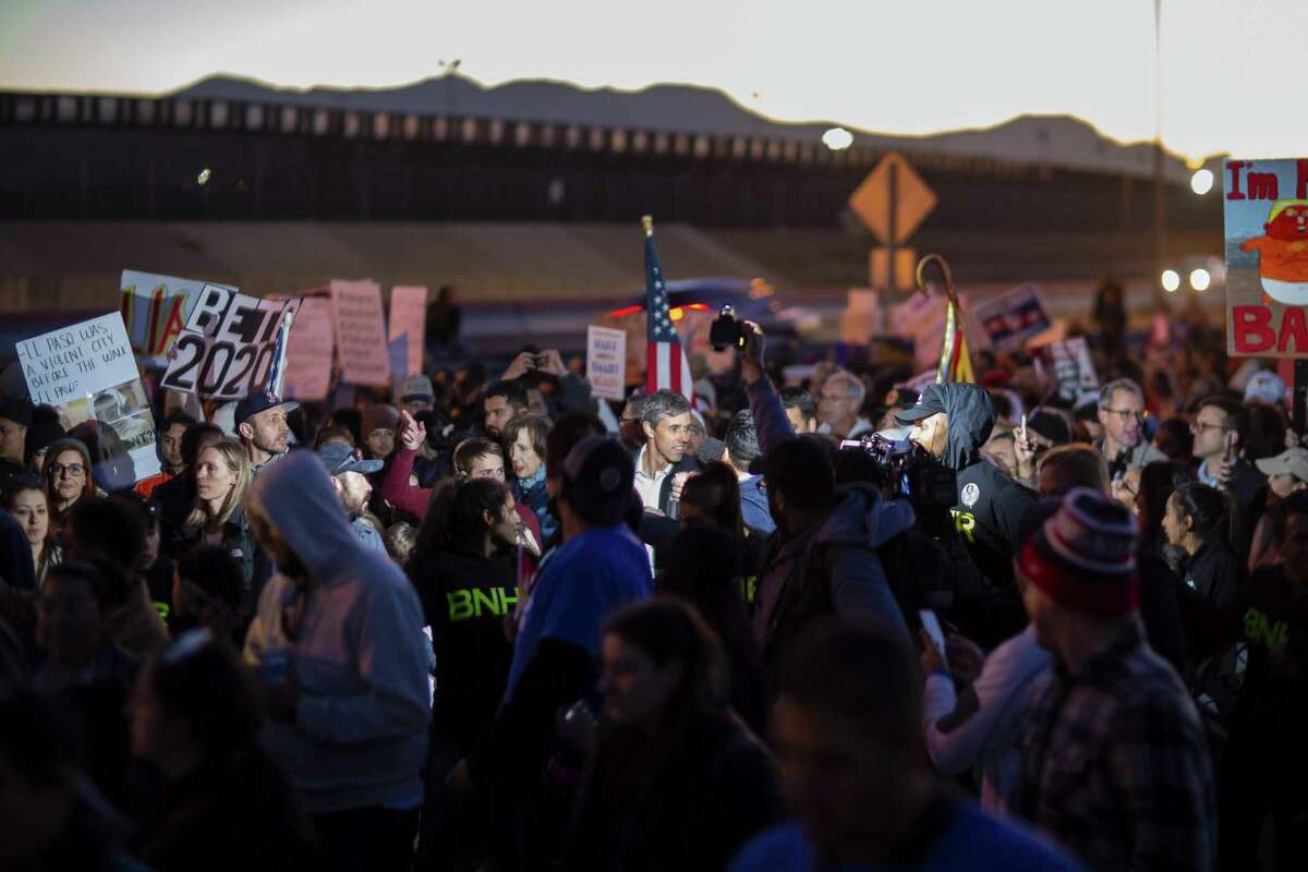 Beto O'Rorke leads a counter protest with thousands of other El Pasoans at the same time President Trump holds a campaign rally, Monday, February 11, 2019, in El Paso, TX. Photo by Ivan Pierre Aguirre