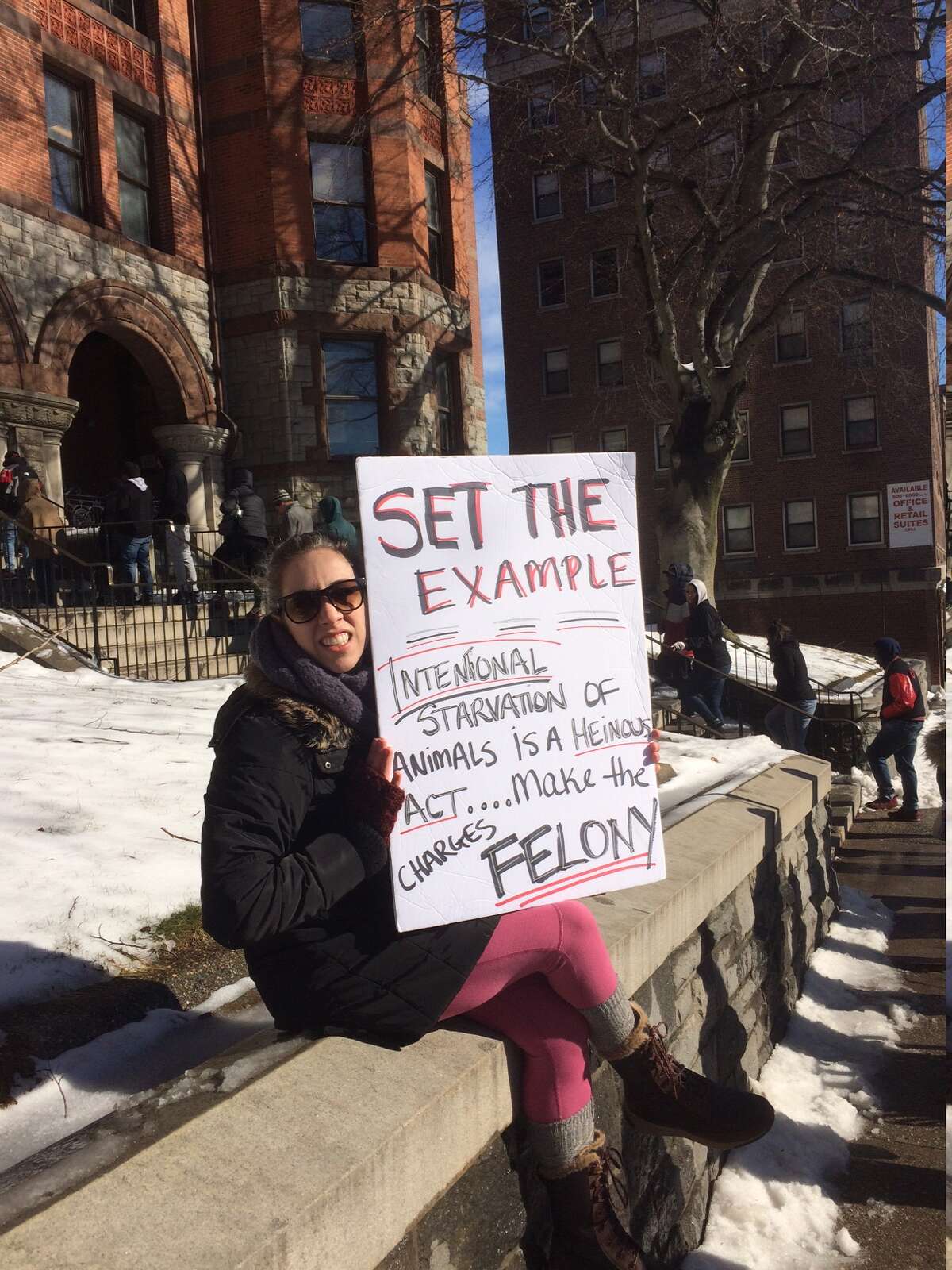 Nicola Improta, of Redding, protesting outside the Golden Hill Street courthouse in Bridgeport, Conn., prior to the arraignment of Heidi Lueders on Wednesday, Feb. 13, 2019.