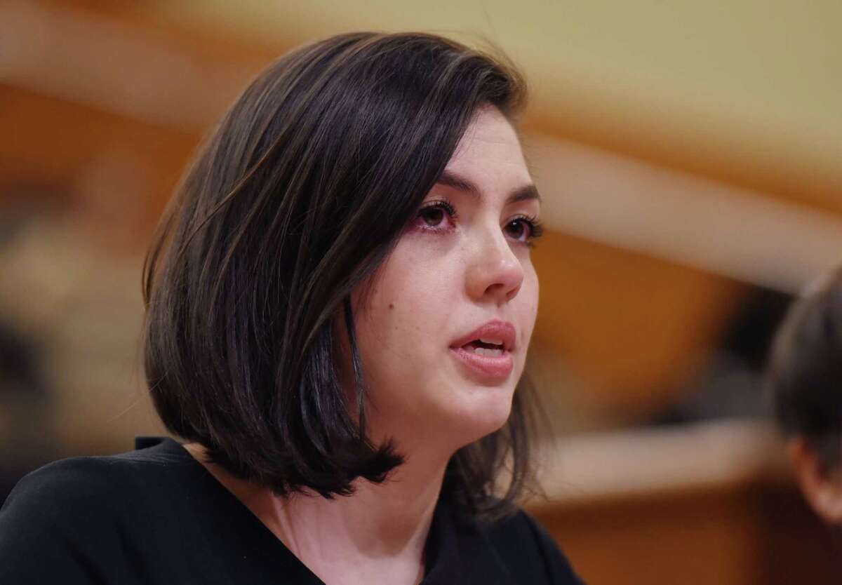 Former legislative employee Chloë Rivera describes her story of sexual harassment during a joint public hearing on sexual harassment in the workplace on Wednesday, Feb. 13, 2019 at the Legislative Office Building in Albany, NY. (Phoebe Sheehan/Times Union)