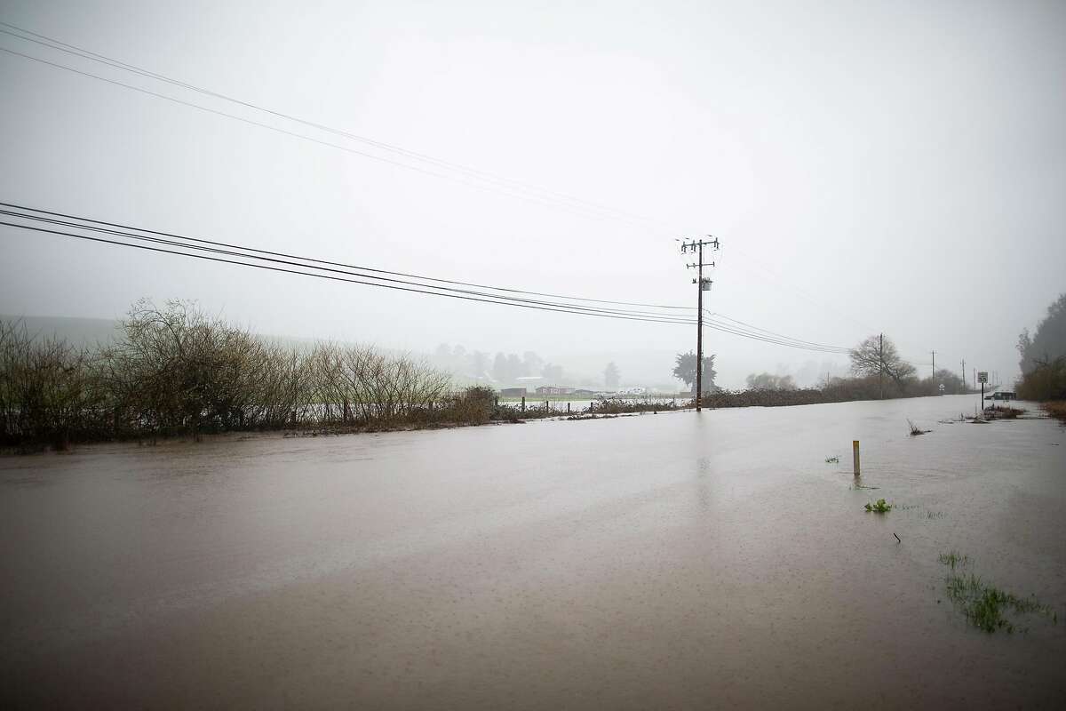 A flooded Bloomfield road where it meets Valley Ford road due to flooding caused by an "atmospheric river" storm that brought heavy rainfall to the Bay Area overnight, in Petaluma, California, February 13th, 2019.