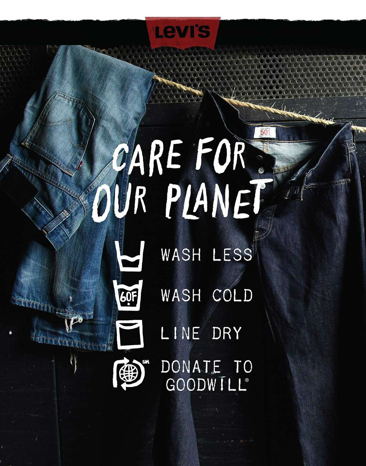 Levi's hang tag spells out its commitment to sustainability and cutting down fashion's impact on the environment.