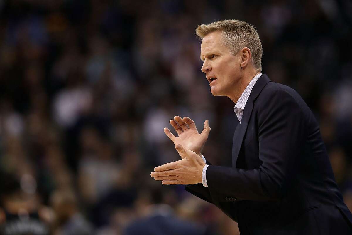 Head coach Steve Kerr of the Golden State Warriors reacts during the first half of the NBA game against the Phoenix Suns at Talking Stick Resort Arena on February 08, 2019 in Phoenix, Arizona.