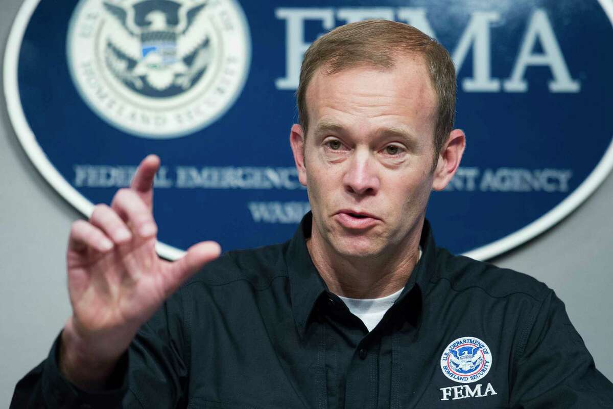 FILE - In this Sept. 15, 2017, file photo, Federal Emergency Management Agency (FEMA) Administrator Brock Long delivers update on federal actions to support Hurricane Irma response in Washington. Long has resigned it was announced on Feb. 13, 2019. (AP Photo/Cliff Owen, File)
