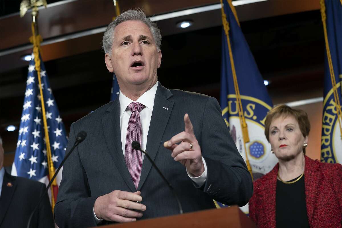House Minority Leader Kevin McCarthy, R-Calif., joined at right by Rep. Kay Granger, R-Texas, the top Republican on the House Appropriations Committee, speaks to reporters about the bipartisan border security compromise needed to avert another government shutdown, at the Capitol in Washington, Wednesday, Feb. 13, 2019. (AP Photo/J. Scott Applewhite)