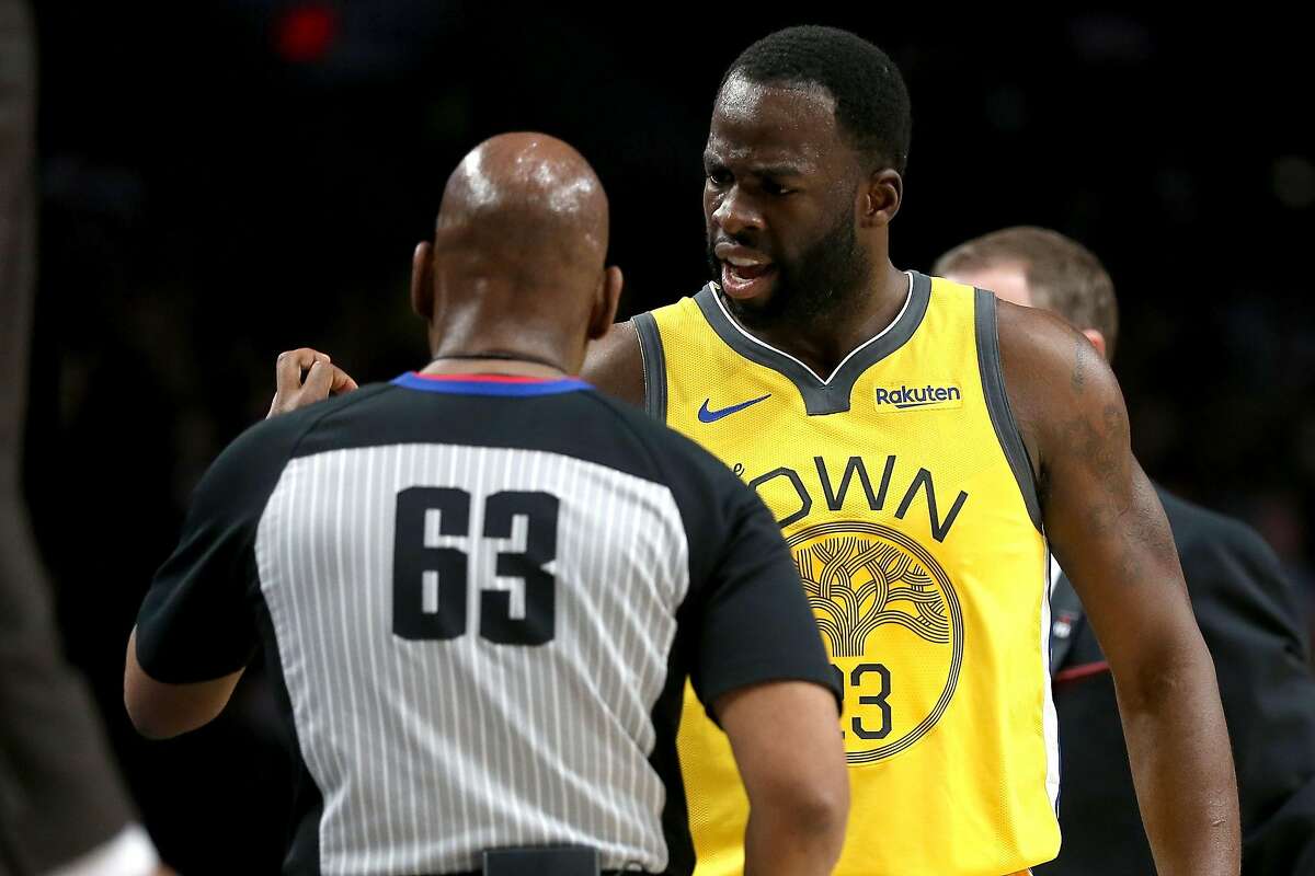 PORTLAND, OR - FEBRUARY 13: Draymond Green #23 of the Golden State Warriors argues with an official in the first half against the Portland Trail Blazers during their game at Moda Center on February 13, 2019 in Portland, Oregon. NOTE TO USER: User express
