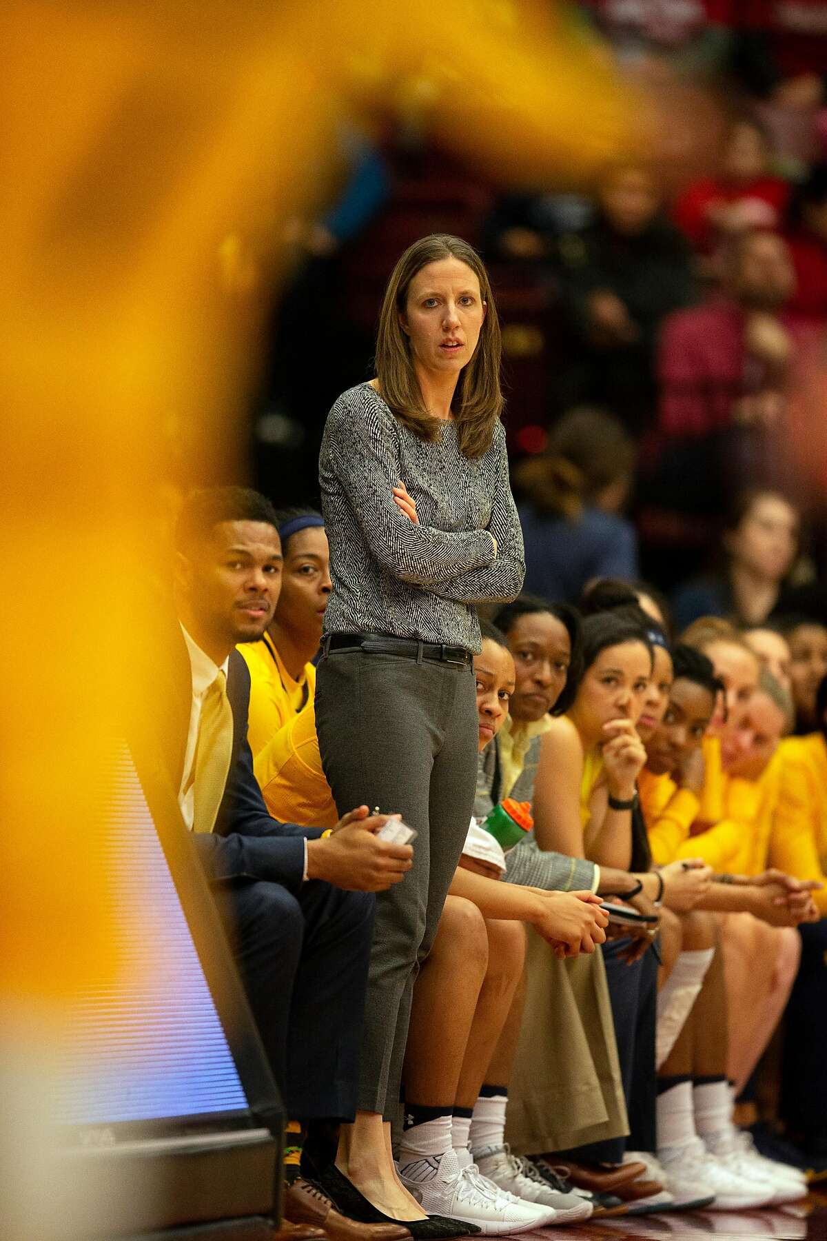 California head coach Lindsay Gottlieb watches her team take on Stanford during the first quarter of an NCAA women's basketball game on Saturday, Feb. 2, 2019 in Stanford, Calif.
