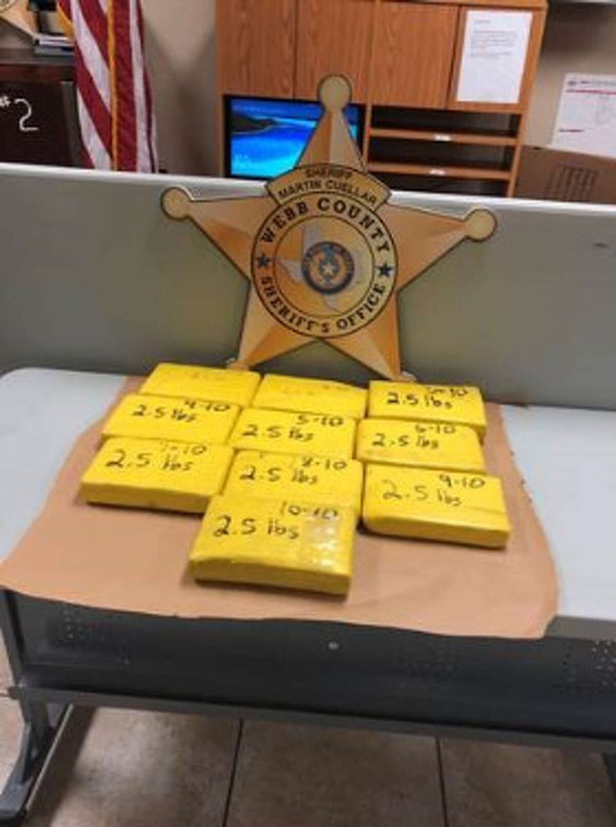 Shown are the the 10 bundles of cocaine that had a total weight of 11.3 kilos seized by Webb County Sheriff’s Office deputies.