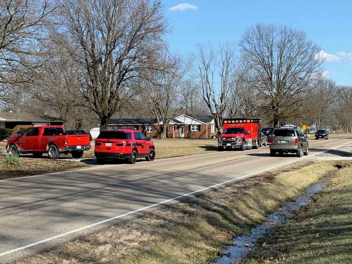 Marine Fire Department, with Edwardsville Fire Department and other crews, respond to a house fire Thursday afternoon on Route 143 in Edwardsville.