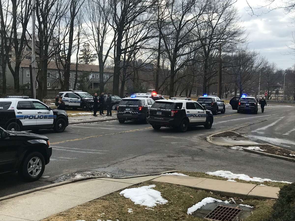 Scenes from a car chase in Stamford that injured five officers Friday, Feb. 15, 2019