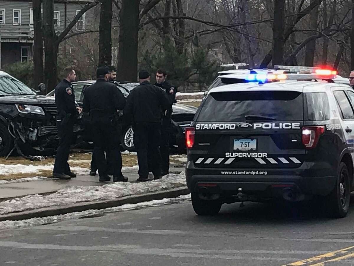 Scenes from a car chase in Stamford that injured five officers Friday, Feb. 15, 2019