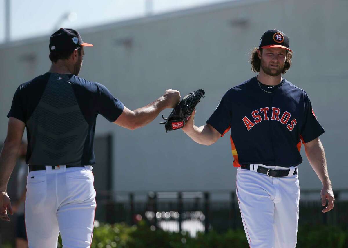 Portrait of Houston Astros Justin Verlander and Gerrit Cole posing