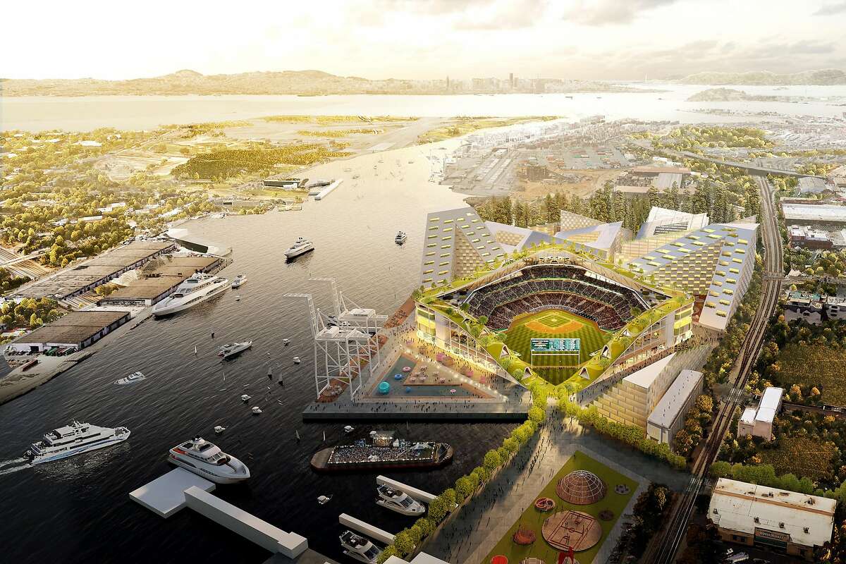 A rendering of the proposed new Oakland A's Coliseum at Howard Terminal.