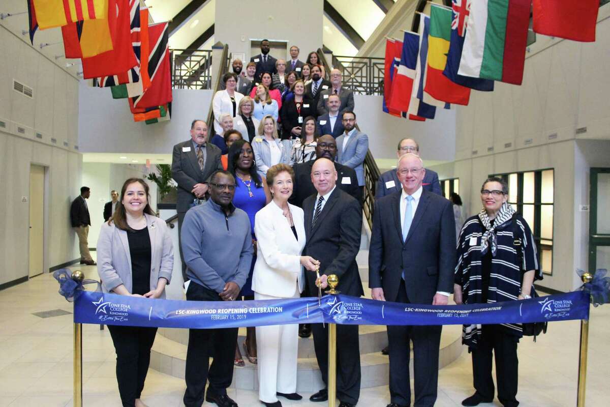 Lone Star College-Kingwood President Katherine Persson and Lone Star College System Chancellor Stephen Head cut the ribbon to mark the grand re-opening of the Lone Star College-Kingwood campus on Feb. 15, 2019.