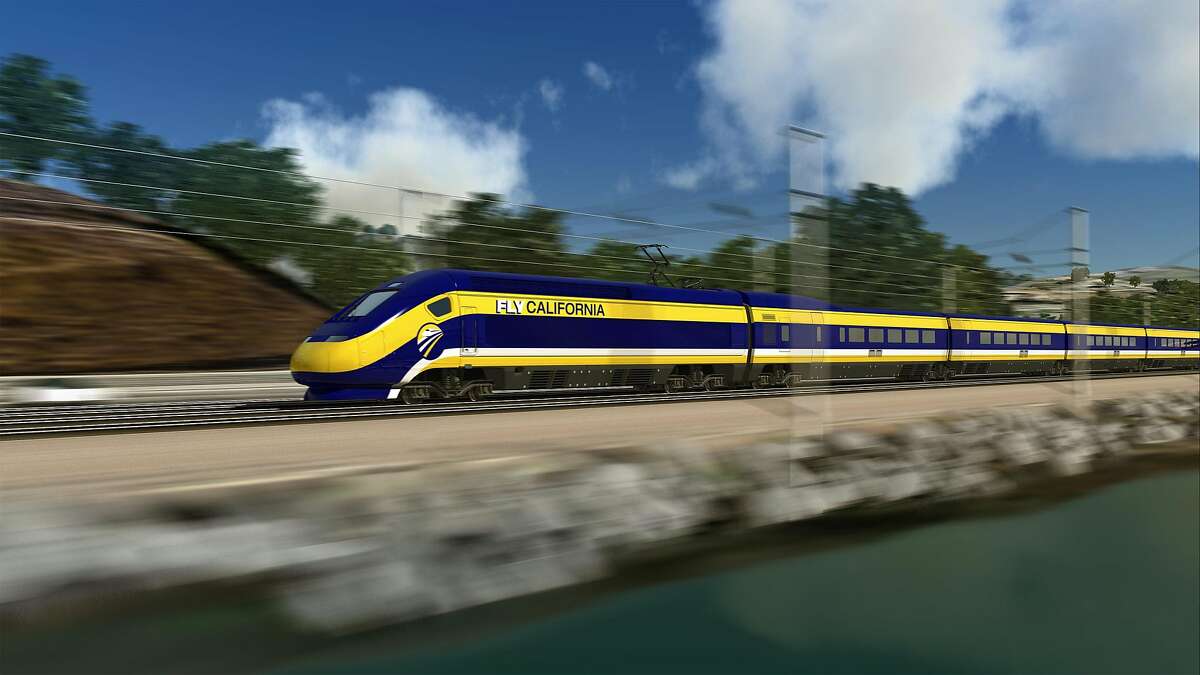 Conceptual view of high speed rail traveling along the Bay, just south of San Francisco.