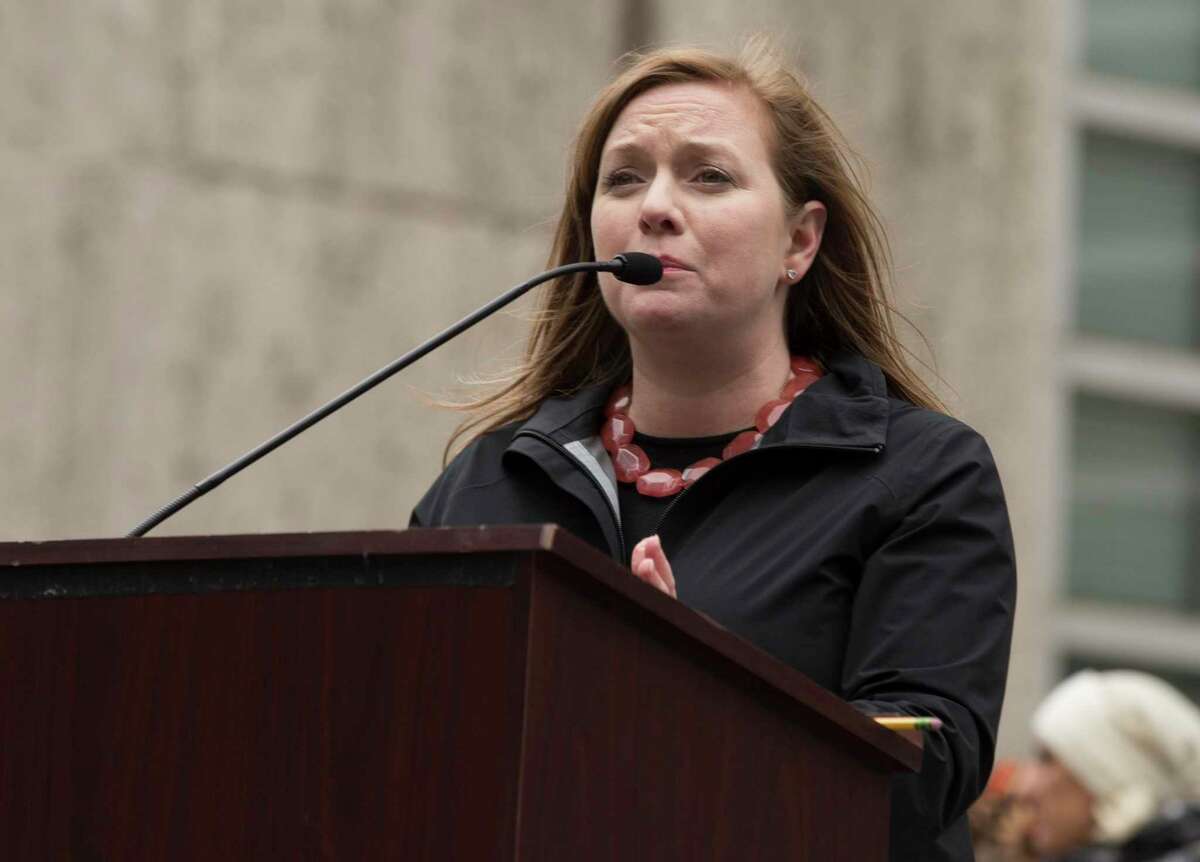 Freshman U.S. Rep. Lizzie Fletcher delivers a speech at the Houston Women March On rally at Houston City Hall on Saturday, Jan. 19, 2019, in Houston.
