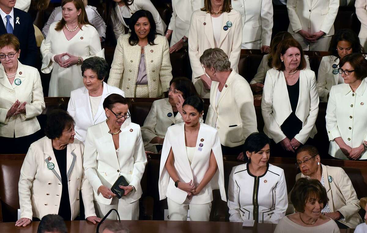 House Democratic women, including Rep. Alexandria Ocasio-Cortez (D-N.Y.), middle, are dressed in white for President Trump's State of the Union address to a joint session of Congress on Capitol Hill in Washington, D.C., on Feb. 5. A reader is amazed to see women of each political party banding together and demanding a voice.